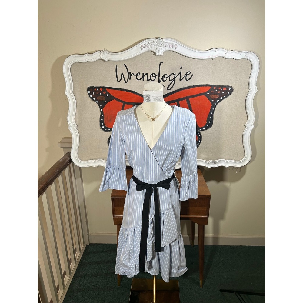 1901 Blue Pinstripe Faux Wrap Dress | Cotton Ruffle Hem Dress | Size 8